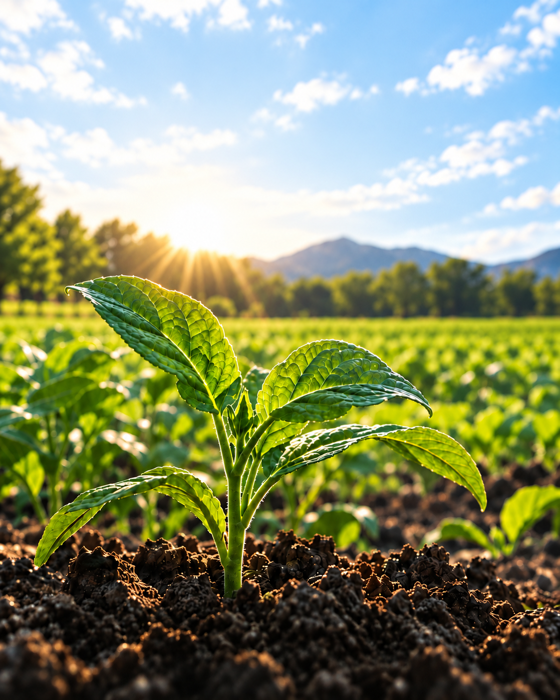 Illustration of a young green plant in a sunlit field